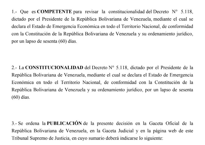 La Sala Constitucional del TSJ en su sentencia Nº 0533 de fecha 11/04/2025 declaró la constitucionalidad del Decreto N° 5.118 dictado por Nicolás Maduro, mediante el cual se decreta el Estado de Excepción y Emergencia Económica en todo el territorio nacional.

#MPAbogados