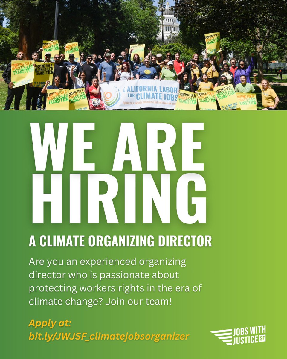 Jobs with Justice San Francisco (@jwjsf) on Twitter photo Are you an experienced organizer director who’s passionate about protecting workers rights in the era of climate change?  Join our team!
Apply here ➡️ bit.ly/JWJSF_climatej… Are you an experienced organizer director who’s passionate about protecting workers rights in the era of climate change?  Join our team!
Apply here ➡️ bit.ly/JWJSF_climatej…