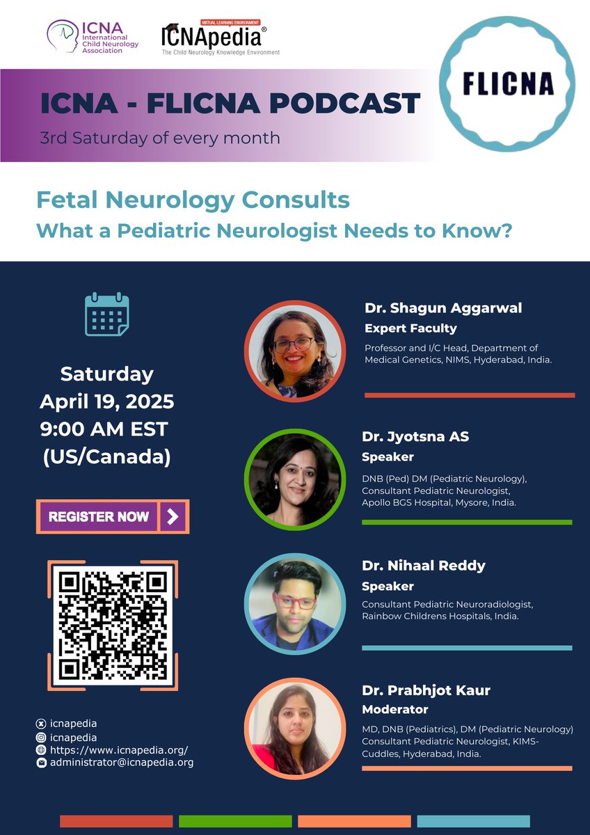 📷 ICNA FLICNA Podcast | April 19, 2025
📷 Time: 9:00 – 10:00 AM (Eastern Time, US/Canada)
Topic: Fetal Neurology Consults – What a Pediatric Neurologist Needs to Know
#ICNA #FLICNA #FetalNeurology #PediatricNeurology #PrenatalCare #icnapedia