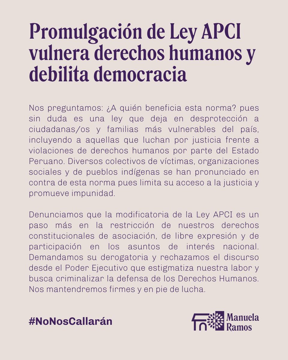 ManuelaRamos's tweet image. #Alerta 📣 | Frente a la reciente promulgación de la modificatoria de la Ley APCI, reiteramos nuestro compromiso de más de 40 años de lucha por los derechos de las mujeres y la igualdad, y rechazamos los discursos de odio por parte del Gobierno con sus reiterados ataques a…