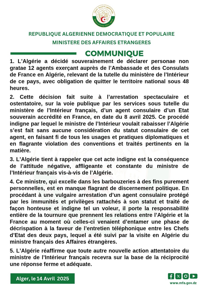 ambalgerieparis's tweet photo. Communiqué du @Algeria_MFA ⬇️ https://t.co/5tFNm2Iyqv