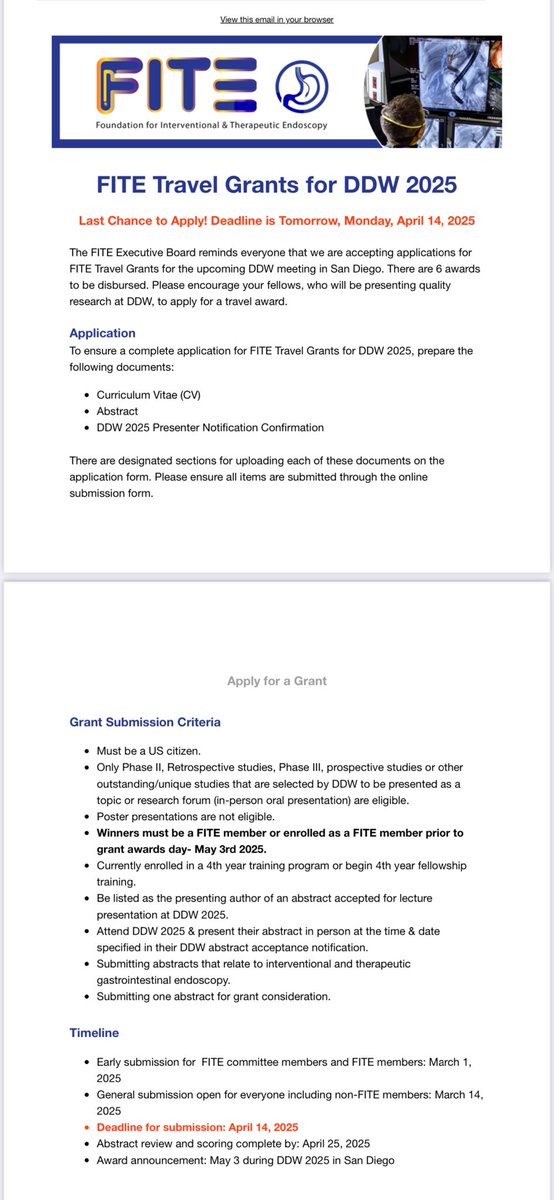Mohit Girotra, MD, AGAF, FASGE, FACG, FACP (@mohitgirotra) on Twitter photo 4/14: Last day today to apply for FITE Travel Grants 2025.
Six awards to be disbursed.
Open to all current and incoming interventional GI fellows.
DON’T MISS OUT!
<a href="/FITE_endoscopy/">FITE - Foundation</a> <a href="/drgaidhane/">Monica Gaidhane</a> <a href="/MendozaLadd/">Antonio Mendoza Ladd MD, AGAF, FACG, FASGE</a> <a href="/ShyamTMD/">Shyam Thakkar, MD</a> <a href="/mkahaleh/">Michel Kahaleh</a> <a href="/DavidDiehlMD/">David Diehl</a> <a href="/neilRsharmaMD/">Neil Sharma, M.D. FASGE, FACG, AGAF</a> <a href="/AdvaniRashmiMD/">Rashmi Advani, MD, ABOM</a> 4/14: Last day today to apply for FITE Travel Grants 2025.
Six awards to be disbursed.
Open to all current and incoming interventional GI fellows.
DON’T MISS OUT!
<a href="/FITE_endoscopy/">FITE - Foundation</a> <a href="/drgaidhane/">Monica Gaidhane</a> <a href="/MendozaLadd/">Antonio Mendoza Ladd MD, AGAF, FACG, FASGE</a> <a href="/ShyamTMD/">Shyam Thakkar, MD</a> <a href="/mkahaleh/">Michel Kahaleh</a> <a href="/DavidDiehlMD/">David Diehl</a> <a href="/neilRsharmaMD/">Neil Sharma, M.D. FASGE, FACG, AGAF</a> <a href="/AdvaniRashmiMD/">Rashmi Advani, MD, ABOM</a>