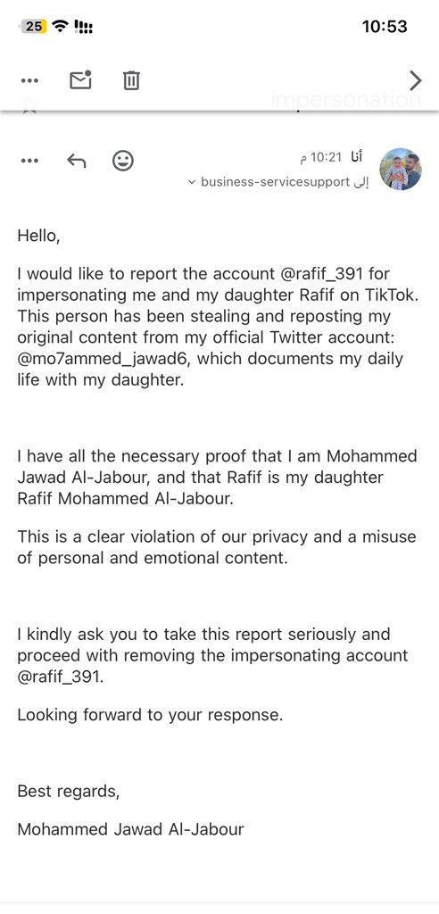 I’ve just sent an email to TikTok support explaining the situation regarding the fake account impersonating me and my daughter Rafif.
I’ve included all the necessary evidence to prove my identity and ownership of the content.
I truly hope the support team handles this seriously,