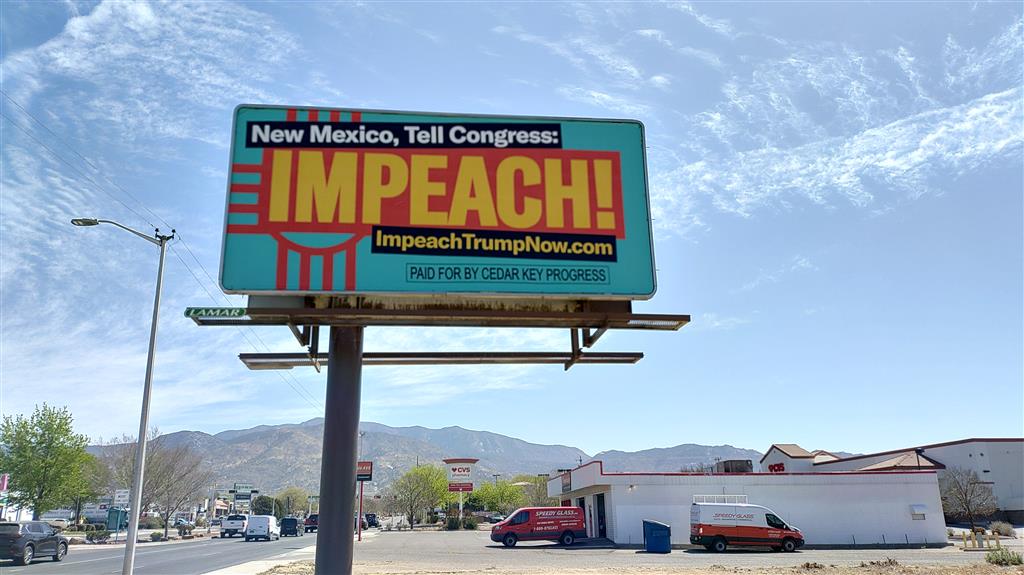 CedarKeyProg's tweet image. Albuquerque, New Mexico - our latest IMPEACH TRUMP billboard with a view of the Sandia Mountains. Like and share to demand IMPEACHMENT!