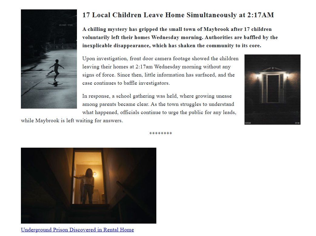 FreddyInSpace's tweet image. WB launched a viral marketing website for Zach Cregger's Weapons today, and it seems to suggest an in-universe connection to the events of Barbarian... 

Maybrook News: maybrookmissing.com