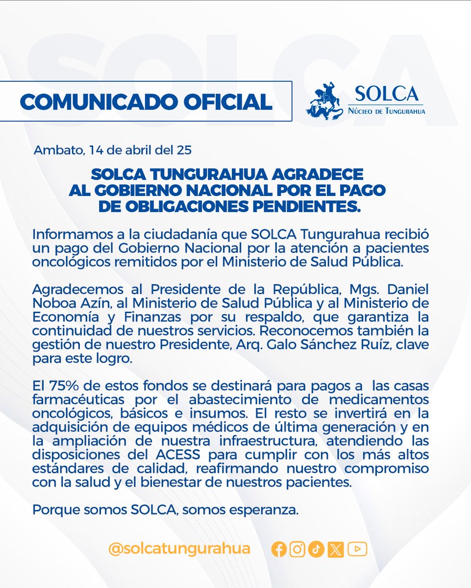 solcaambato1's tweet photo. COMUNICADO OFICIAL 
#Solca #DanielNoboa https://t.co/4OidtMmomm