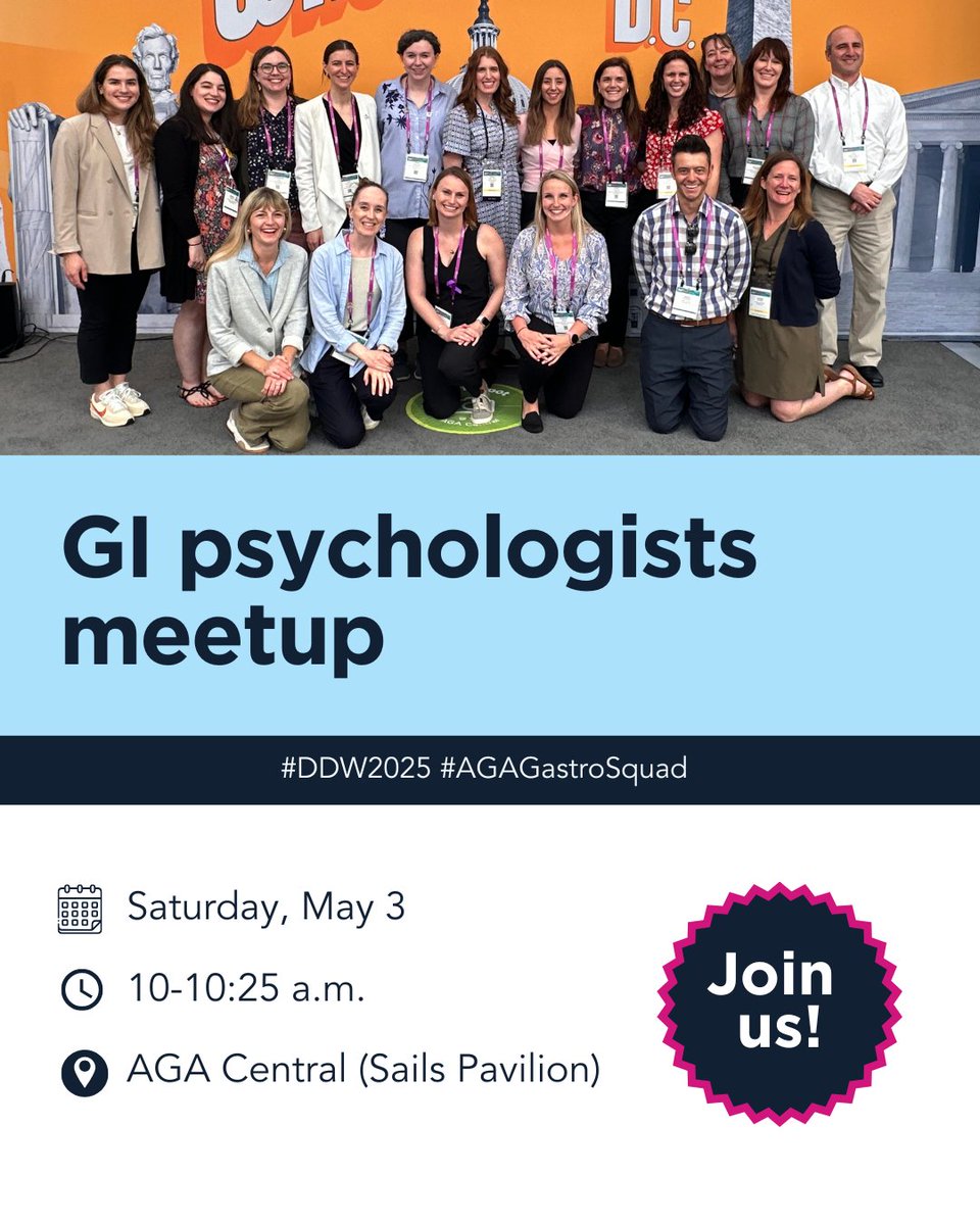 American Gastroenterological Association (AGA) (@amergastroassn) on Twitter photo Are you a part of the #gastropsych community? Don’t miss the GI psychologists meetup at #DDW2025! Join <a href="/DrRiehl/">⭐️Megan E. Riehl, PsyD⭐️</a> and others for informal networking and fun. Save this post with the details: ow.ly/gtpB50VAmAG. ⤵️
📅 Saturday, May 3, 10 a.m.
📍 AGA Central (Sails Pavilion) Are you a part of the #gastropsych community? Don’t miss the GI psychologists meetup at #DDW2025! Join <a href="/DrRiehl/">⭐️Megan E. Riehl, PsyD⭐️</a> and others for informal networking and fun. Save this post with the details: ow.ly/gtpB50VAmAG. ⤵️
📅 Saturday, May 3, 10 a.m.
📍 AGA Central (Sails Pavilion)