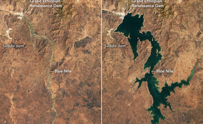 🇪🇹 Así se ve el río Nilo Azul antes y después de la construcción de la Gran Presa del Renacimiento Etíope, proyecto financiado, en gran parte, por China 🇨🇳 

Se inaugurará, oficialmente, este próximo verano. La mayor presa de África.