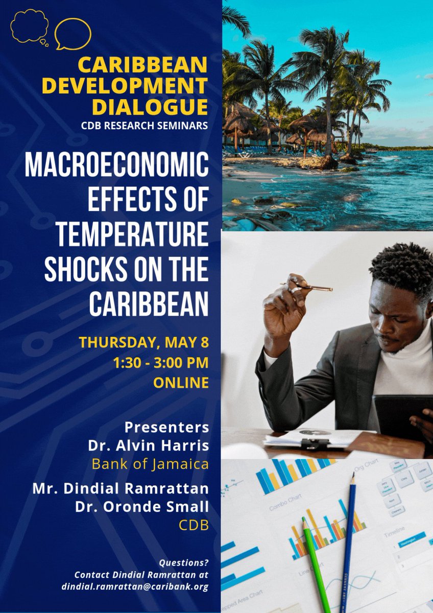 📢 Join us for a presentation on "Macroeconomic Effects of Temperature Shocks on the Caribbean"! 🌍☀️
📅 Thursday, May 08, 2025
⏰ 1:00 PM - 3:00 PM AST
📍 Online 
Register now to gain insights into the economic vulnerabilities and adaptation strategies: ow.ly/QxQb50VAoGf