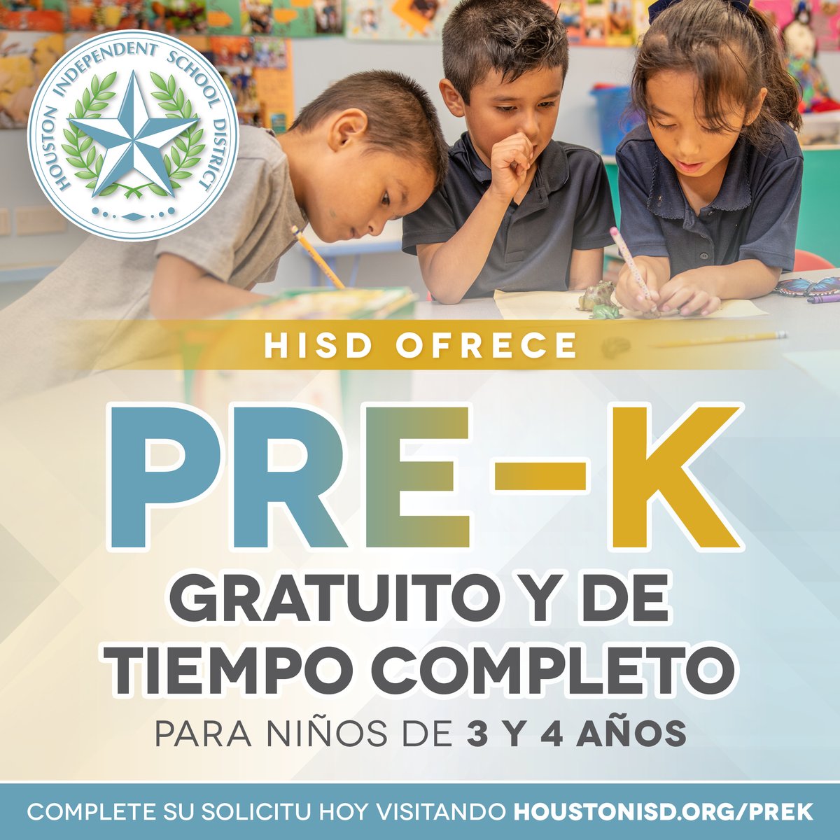 ¡Aún hay tiempo para inscribirse en prekínder en HISD! 

Si tienen un niño o niña de 3 o 4 años, este es el momento perfecto para prepararlos para el éxito con un gran comienzo en su educación. ¡soliciten hoy! 👉 bit.ly/HISDPREK1