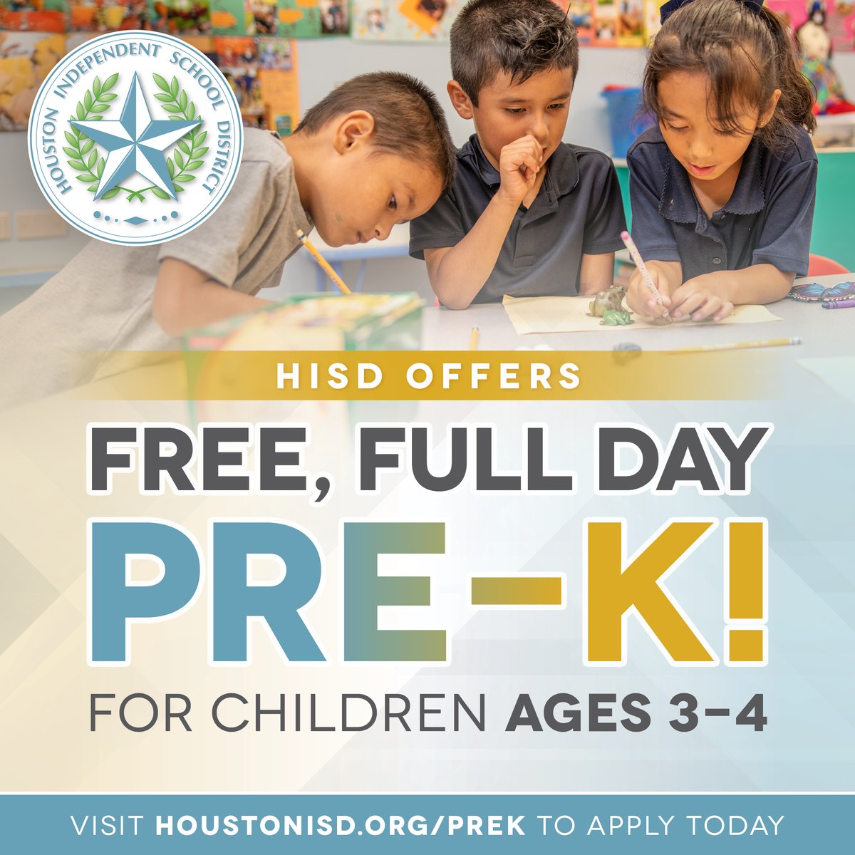 There’s still time to apply for Pre-K in HISD! 

If you have a 3- or 4-year-old, now’s the perfect time to set them up for success with a strong start to their education. Apply today! 👉 bit.ly/HISDPREK1