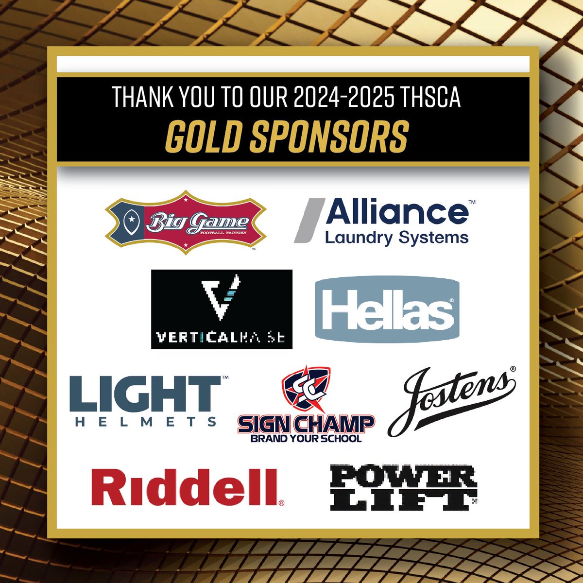 THSCA (@thscacoaches) on Twitter photo ⭐ Gold stars for our 24-25 THSCA Gold Sponsors... you make us better! Thank you for your support! ⭐
<a href="/BigGameUSA/">Big Game USA</a> • <a href="/HellasInc/">Hellas</a> • <a href="/TheLightHelmets/">Light Helmets</a> • <a href="/TheSignChamp/">Sign Champ</a> • <a href="/Jostens/">Jostens</a> • <a href="/RiddellSports/">Riddell Sports</a> • <a href="/power_lift/">Power Lift</a> • @verticalraise
🔗: thsca.com/sponsors ⭐ Gold stars for our 24-25 THSCA Gold Sponsors... you make us better! Thank you for your support! ⭐
<a href="/BigGameUSA/">Big Game USA</a> • <a href="/HellasInc/">Hellas</a> • <a href="/TheLightHelmets/">Light Helmets</a> • <a href="/TheSignChamp/">Sign Champ</a> • <a href="/Jostens/">Jostens</a> • <a href="/RiddellSports/">Riddell Sports</a> • <a href="/power_lift/">Power Lift</a> • @verticalraise
🔗: thsca.com/sponsors