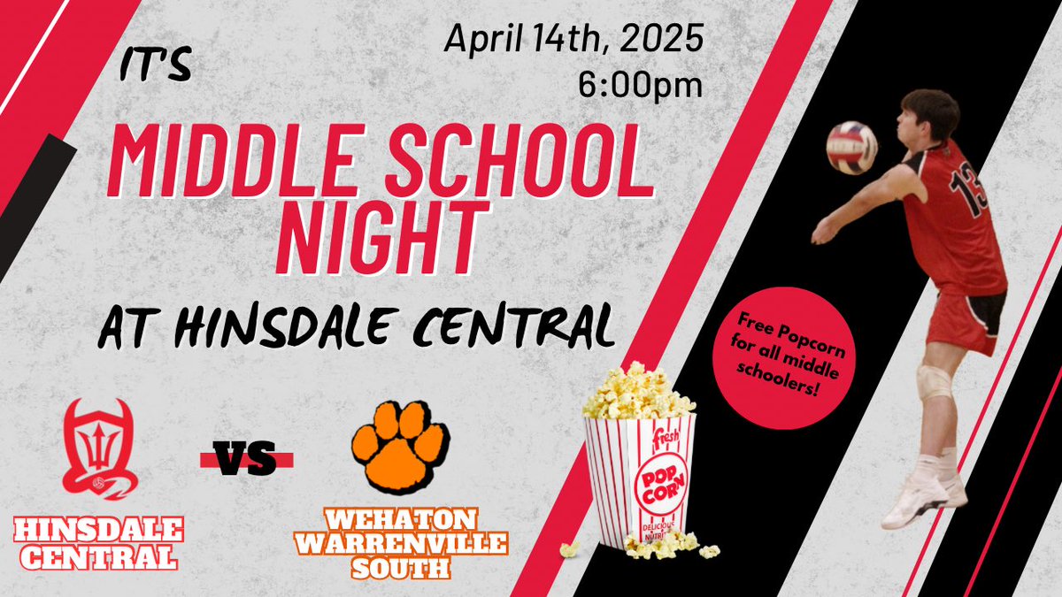 🔥🏐NONCONFERENCE MATCH🏐🔥

🕟 JV / Fresh-A: 5:00
🕠 Varsity/Fresh-B: 6:00 PM 
🆚 Wheaton Warrenville South
📍 at Hinsdale Central

It’s also middle school night! All middle schoolers get in for free, will partake in a serving game and get free popcorn!