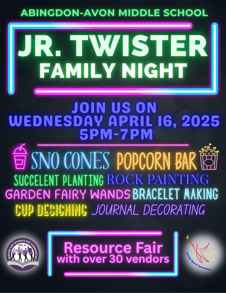 Please don't forget to join us for this week's family event and Resource Fair. This will be the last family event that Jr. TWISTER will be hosting.