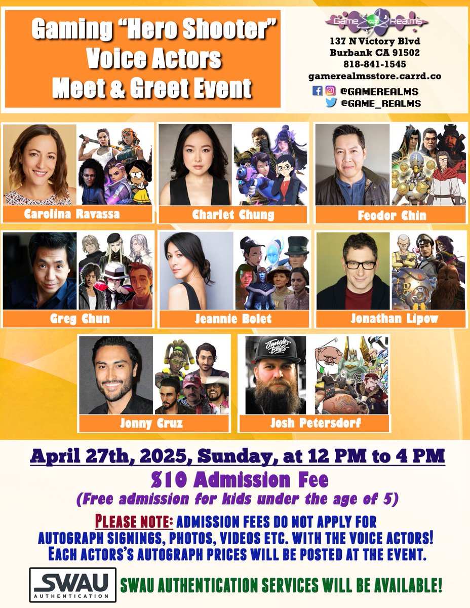 Game Realms (@game_realms) on Twitter photo Gaming "Hero Shooter " #VoiceActors meet & greet <a href="/Game_Realms/">Game Realms</a> in Burbank SoCal!
Date: April 27th, Sun, 2025 at 12 to 4 PM
<a href="/JonnyCruzzz/">Jonny Cruz</a>
<a href="/CharletChung/">Charlet Takahashi Chung</a>
<a href="/jeanniebolet/">Jeannie Bolet</a>
<a href="/CrankyJ/">Josh Petersdorf</a>
<a href="/FeoChin/">Feodor Chin 🇺🇸❄️</a>
<a href="/carolinaravassa/">Carolina Ravassa</a>
<a href="/gregchunva/">Greg Chun - find me on Bluesky!</a>
<a href="/JonathanLipow/">Jonathan Lipow🎭</a>
#Overwatch #DemonSlayer #FireEmblem #Cyberpunk2077 Gaming "Hero Shooter " #VoiceActors meet & greet <a href="/Game_Realms/">Game Realms</a> in Burbank SoCal!
Date: April 27th, Sun, 2025 at 12 to 4 PM
<a href="/JonnyCruzzz/">Jonny Cruz</a>
<a href="/CharletChung/">Charlet Takahashi Chung</a>
<a href="/jeanniebolet/">Jeannie Bolet</a>
<a href="/CrankyJ/">Josh Petersdorf</a>
<a href="/FeoChin/">Feodor Chin 🇺🇸❄️</a>
<a href="/carolinaravassa/">Carolina Ravassa</a>
<a href="/gregchunva/">Greg Chun - find me on Bluesky!</a>
<a href="/JonathanLipow/">Jonathan Lipow🎭</a>
#Overwatch #DemonSlayer #FireEmblem #Cyberpunk2077