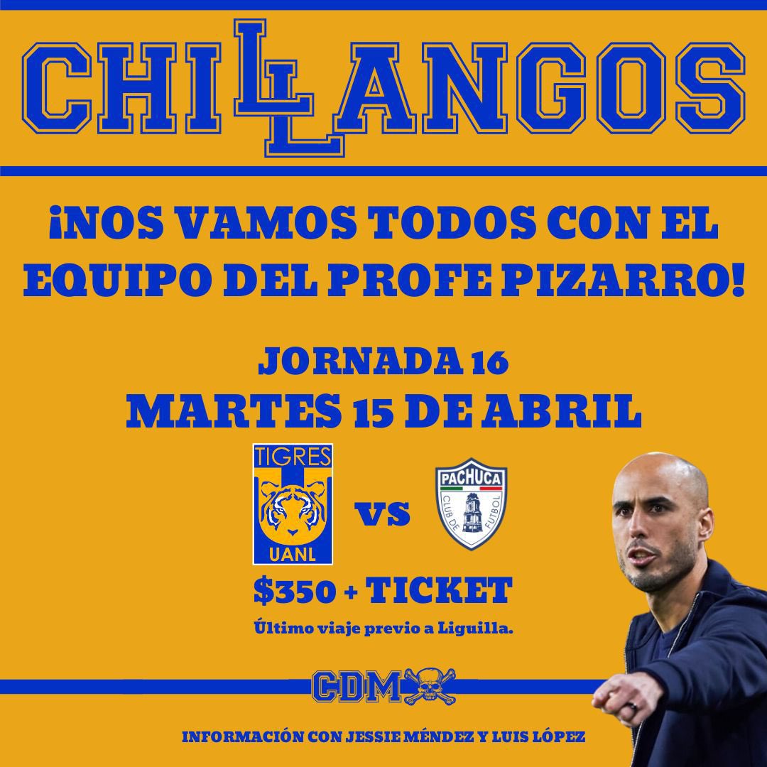 LA CHILANGUIZA SIGUE Y SIGUE, NOS VAMOS MAÑANA A PACHUCA. TODOS AL ÚLTIMO DE VISITA DEL TORNEO REGULAR CON EL EQUIPO DEL PROFE PIZARRO!!!

SALIDA: 4 P.M
COSTO: $350.00

*Quedan pocos lugares*

Para más información al DM de la página y con <a href="/LuisLopezRdgz/">Swarley</a>  y <a href="/JessieLyLDF/">Jessie Mendez</a>