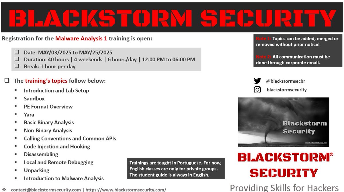 blackstormsecbr's tweet image. (PT_BR) 

O treinamento de MALWARE ANALYSIS 1 está com a próxima turma CONFIRMADO para 03/MAIO/2025. 

Informações adicionais podem ser obtidas no website da Blackstorm Security.

#malwareanalysis #informationsecurity #malware #cybersecurity #threathunting #blueteam