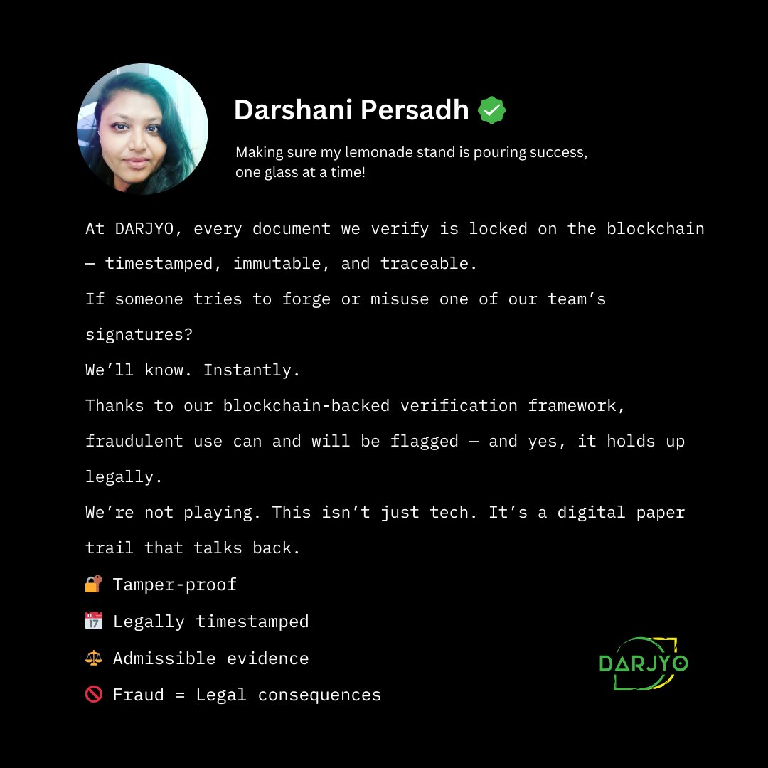 DARJYO1's tweet photo. TL;DR 🚨 | Signatures on Blockchain 
If it’s not verified by us and smart contract-enabled, it’s not DARJYO-approved — &amp; trying to fake it can land you in real legal heat. 
Play smart. Sign smart. Stay verified.
#Blockchain #SmartContracts #LegalTech #DARJYO #VerifiedOrNothing https://t.co/wOSxjgqmOg