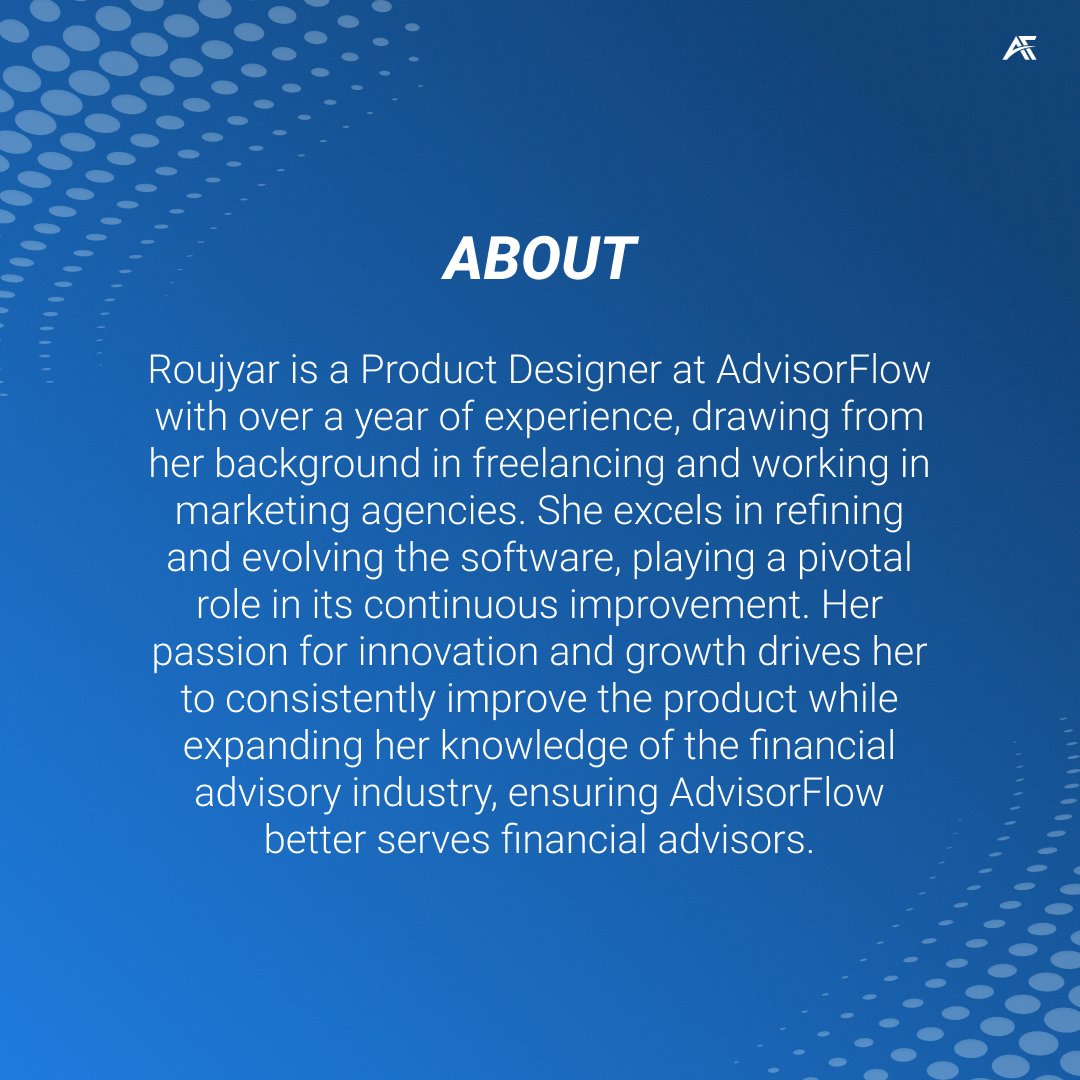 AdvisorFlow's tweet image. Meet Roujyar, our Product Designer at AdvisorFlow!
Discover how she's shaping the future of fintech in this team member spotlight!
#AdvisorFlow #ProductDesigner #FinancialAdvisors #CanadianFinancialAdvisors #CanadianFintech