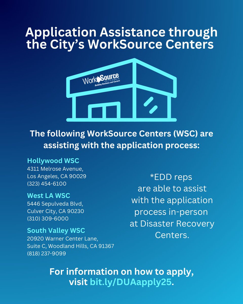 EXTENDED: Apply Now for Disaster Unemployment Assistance (DUA)! Workers ineligible for regular unemployment benefits can apply for federal DUA. 

For information on how to apply, visit bit.ly/DUAapply25. DUA benefit claims must be filed by June 10, 2025.