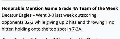 4ATxHsBaseball's tweet image. The Honorable Mention @GameGrade 4A Team of the Week goes to the @DecaturBsbl 
@TxHS_Baseball