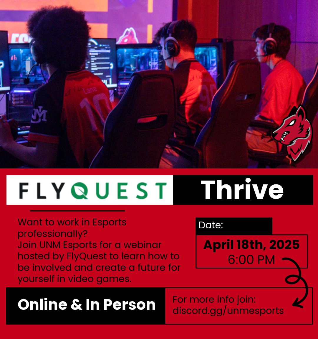 UNM Esports (@unmesports) on Twitter photo Want to work in esports professionally? Join UNM Esports for a webinar hosted by <a href="/FlyQuest/">FlyQuest LTA NORTH CHAMPS</a> Thrive to learn how to be involved and create a future for yourself in gaming! Want to work in esports professionally? Join UNM Esports for a webinar hosted by <a href="/FlyQuest/">FlyQuest LTA NORTH CHAMPS</a> Thrive to learn how to be involved and create a future for yourself in gaming!