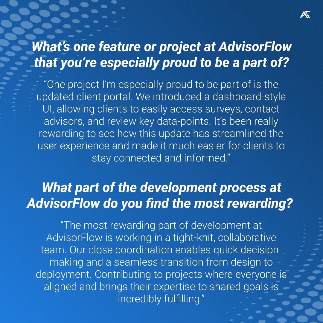 AdvisorFlow's tweet image. Meet Christopher, our Intermediate Software Developer at AdvisorFlow!
Discover more about his approach to development and how he’s contributing to the future of fintech in this team member spotlight!
#AdvisorFlow #SoftwareDeveloper #FinancialAdvisors #CanadianFintech