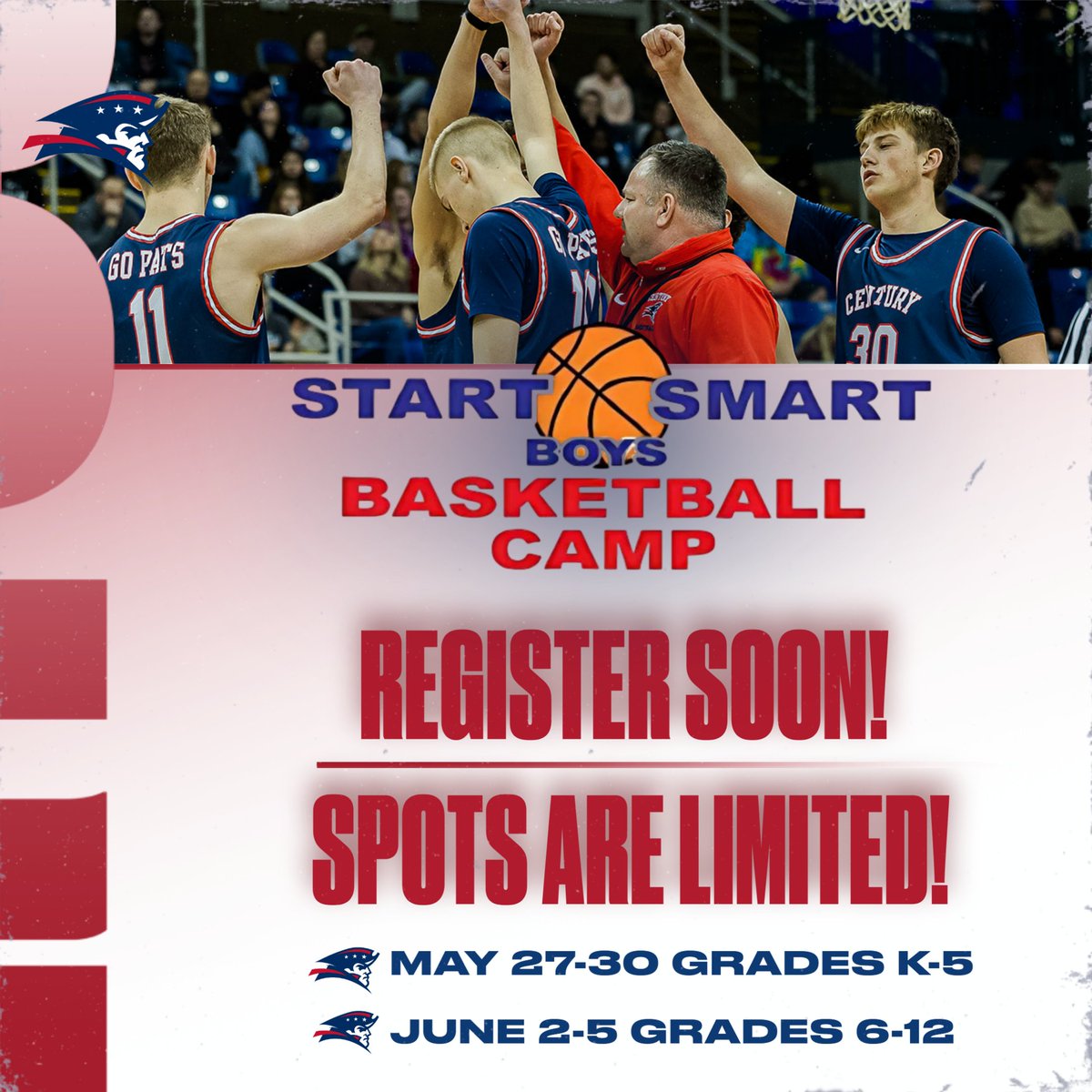 🏀Don't Delay! 🏀
Get registered for Start Smart Basketball Camp led by Patriots Head Coach Darin Mattern. 

Camps for grades K through 12! Instruction will focus on fundamentals in a positive learning environment. 
🔗 …turypatriotsboysbasketball.weebly.com/camps.html