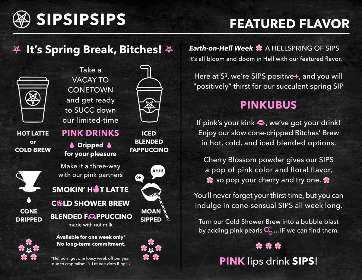 ruraljones's tweet image. The season is well underway, so this is a little late ⏱️🐇💨, but I figure some people are getting off 😜 for Easter week 🐰🥚🧺, so S³ is break-ing in a new spring SIP. 🌸☕️🩷
#HelluvaBoss #Hellaverse #SpringBreakers #Verosika #succubus #succubi #incubus