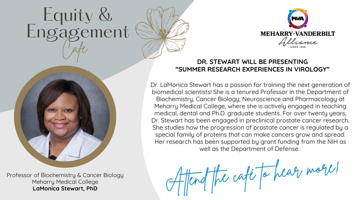 Meharry-Vanderbilt Alliance (@mvalliance) on Twitter photo We are just ⭐ 10 DAYS 📷 away from the Spring 2025 Equity & Engagement Cafe! The event will be highlighted by presentations led by local leaders, like Dr. LaMonica Stewart of <a href="/MeharryMedical/">Meharry Medical College</a>
Don't miss out & register today at redcap.link/Spring2025Regi… We are just ⭐ 10 DAYS 📷 away from the Spring 2025 Equity & Engagement Cafe! The event will be highlighted by presentations led by local leaders, like Dr. LaMonica Stewart of <a href="/MeharryMedical/">Meharry Medical College</a>
Don't miss out & register today at redcap.link/Spring2025Regi…