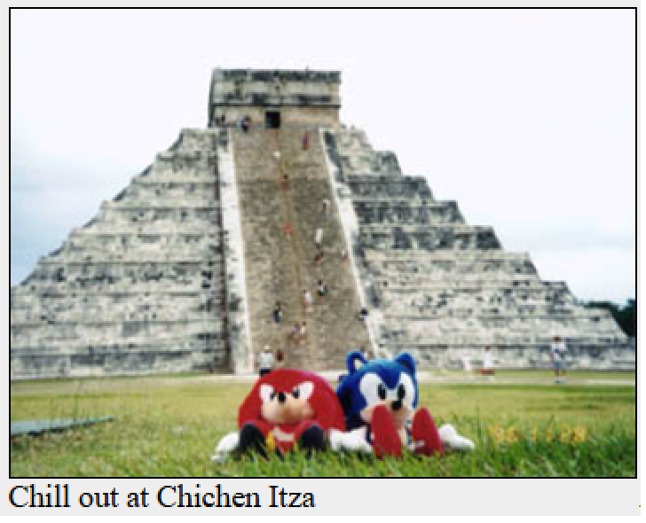 Sonic_Hedgeblog's tweet photo. In November 1996 Sonic Team members traveled to Central and South America to be inspired for areas in 'Sonic Adventure'. This is a photo of a Sonic &amp; Knuckles plush outside of ruins. https://t.co/PBy3WUSObG