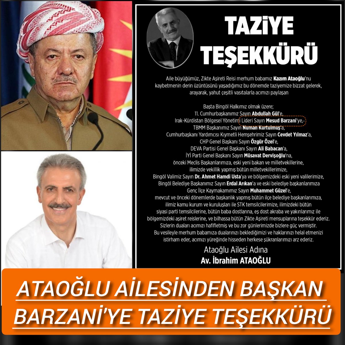 gencmediya's tweet photo. Zıkte Aşireti'nden Barzani’ye Taziye Teşekkürü!

Bingöl’ün kanaat önderlerinden, eski milletvekili ve Zıkte Aşireti Reisi Kazım Ataoğlu’nun vefatı sonrası bölge genelinde büyük bir taziye süreci yaşanmıştı. 

++ https://t.co/o15hxEbUTM