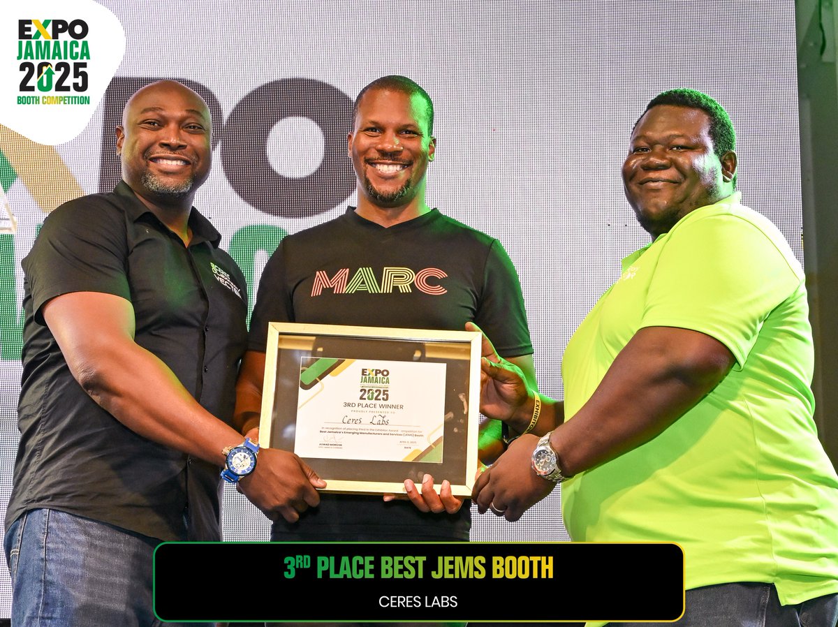 @expojamaica (@expojamaica) on Twitter photo <a href="/BoXpertja/">BoXPert Limited</a> <a href="/GutzmoreC/">Gutzmore Concepts</a> <a href="/theJMEA_/">Jamaica Manufacturers and Exporters Association</a> The JEMS (Jamaica's Emerging Manufacturers and Services) Booth competition was fierce! Congratulations to the winners of the Best JEMS Booth at Expo Jamaica 2025:
🥇 Winner: <a href="/inspiredbyjaden/">Inspiredbyjaden</a>
🥈 2nd Place: Coldbush Organics
🥉 3rd Place: Ceres Labs
#ExpoJamaica2025 #JEMS <a href="/BoXpertja/">BoXPert Limited</a> <a href="/GutzmoreC/">Gutzmore Concepts</a> <a href="/theJMEA_/">Jamaica Manufacturers and Exporters Association</a> The JEMS (Jamaica's Emerging Manufacturers and Services) Booth competition was fierce! Congratulations to the winners of the Best JEMS Booth at Expo Jamaica 2025:
🥇 Winner: <a href="/inspiredbyjaden/">Inspiredbyjaden</a>
🥈 2nd Place: Coldbush Organics
🥉 3rd Place: Ceres Labs
#ExpoJamaica2025 #JEMS