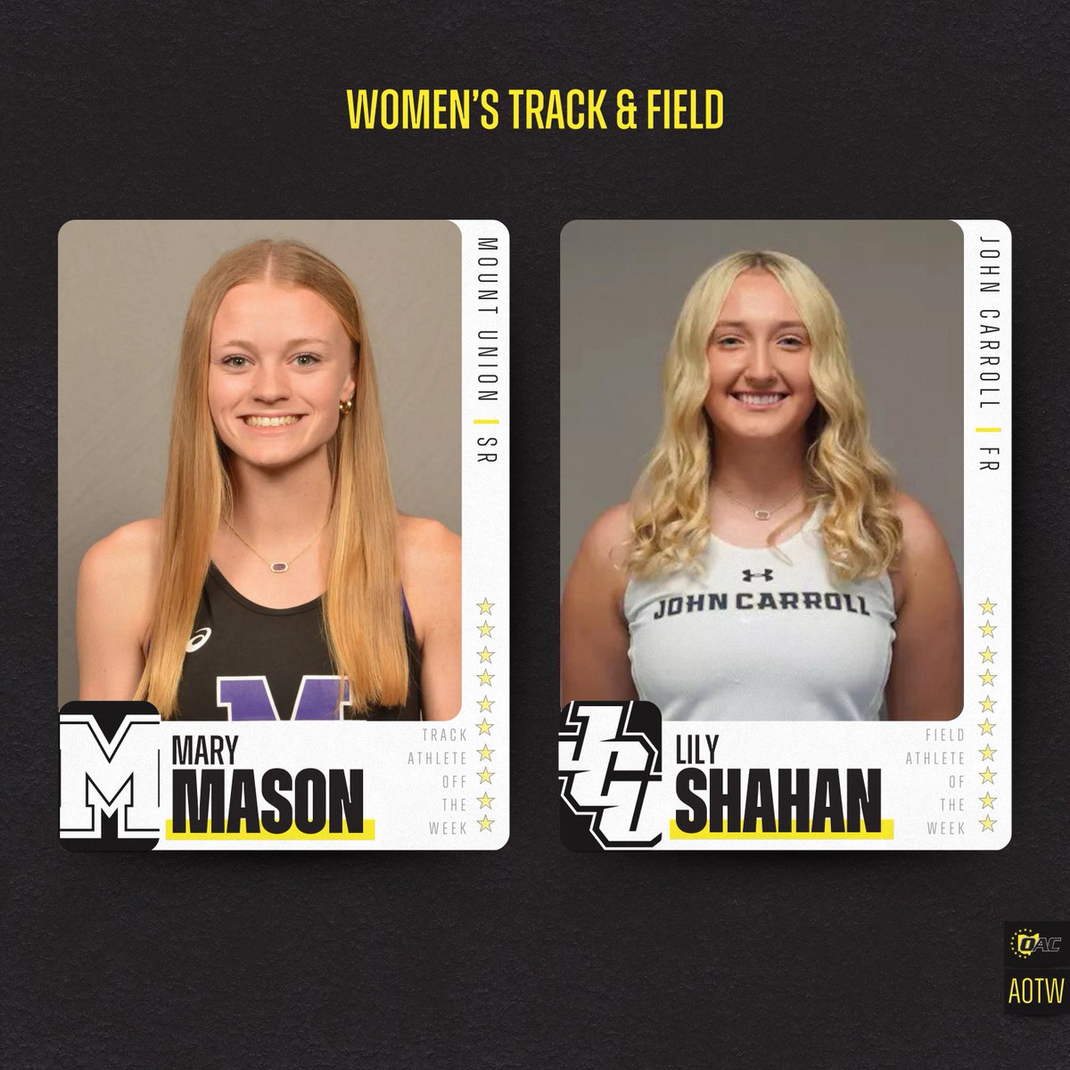 OHAthleticConf's tweet photo. Athletes of the Week | Women's Track & Field 🏃‍♀️ 

Mary Mason, @purpleraiders 
Lily Shahan, @jcusports 

#OAC | #d3tf