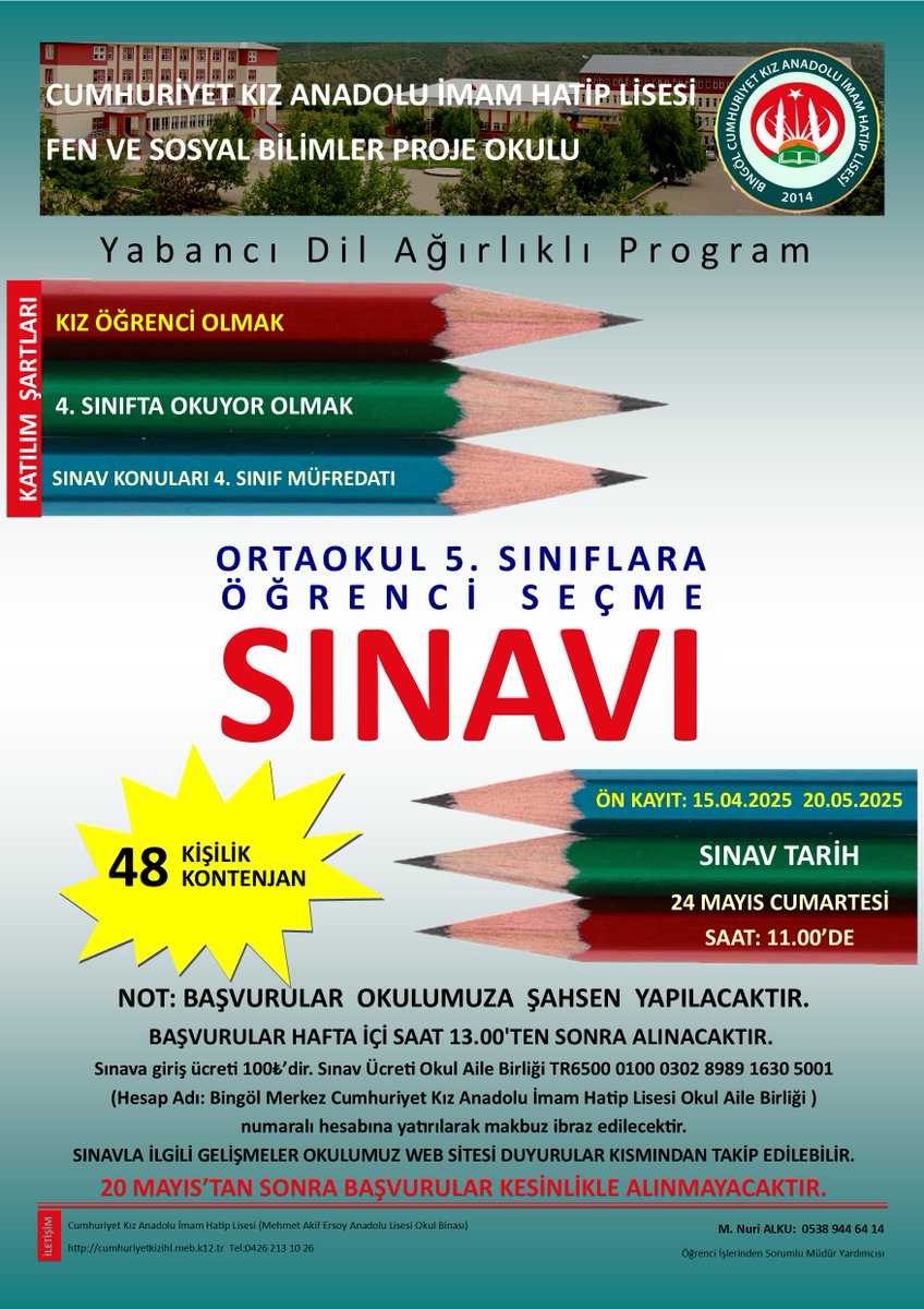5. SINIFLARA ÖĞRENCİ SEÇME SINAVI 24 MAYIS 2025 CUMARTESİ GÜNÜ SAAT 11:00 DE YAPILACAKTIR. <a href="/MustafaOzel66/">Mustafa Özel</a> <a href="/yusuf_tokus/">Yusuf TOKUŞ</a> <a href="/halukcakan12/">HALUK ÇAKAN</a>