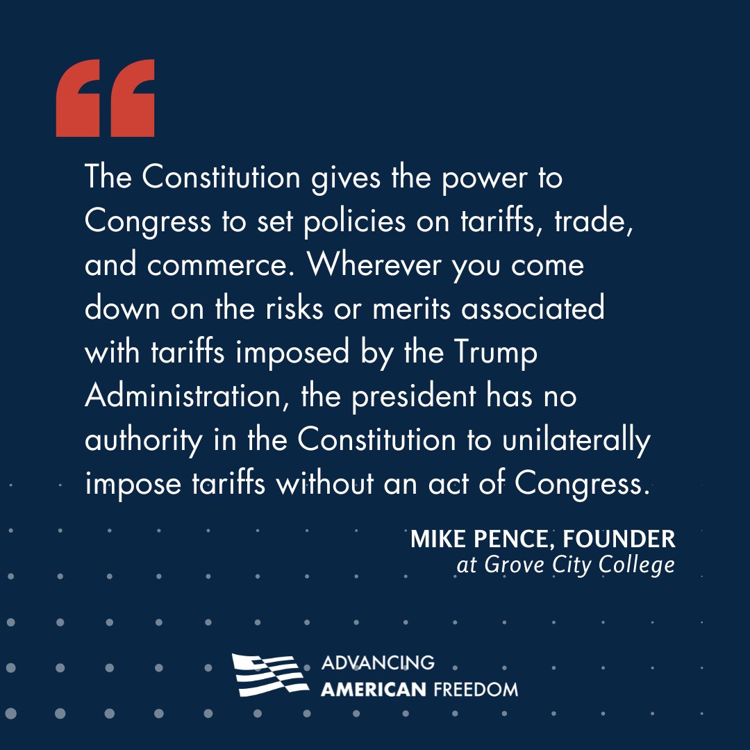 Since the 1960s, Congress has delegated much of its authority to impose tariffs to the executive branch. It’s time to return that power to Congress, AAF Founder <a href="/Mike_Pence/">Mike Pence</a> explains at <a href="/GroveCtyCollege/">Grove City College</a>.

advancingamericanfreedom.com/aaf-founder-vp…