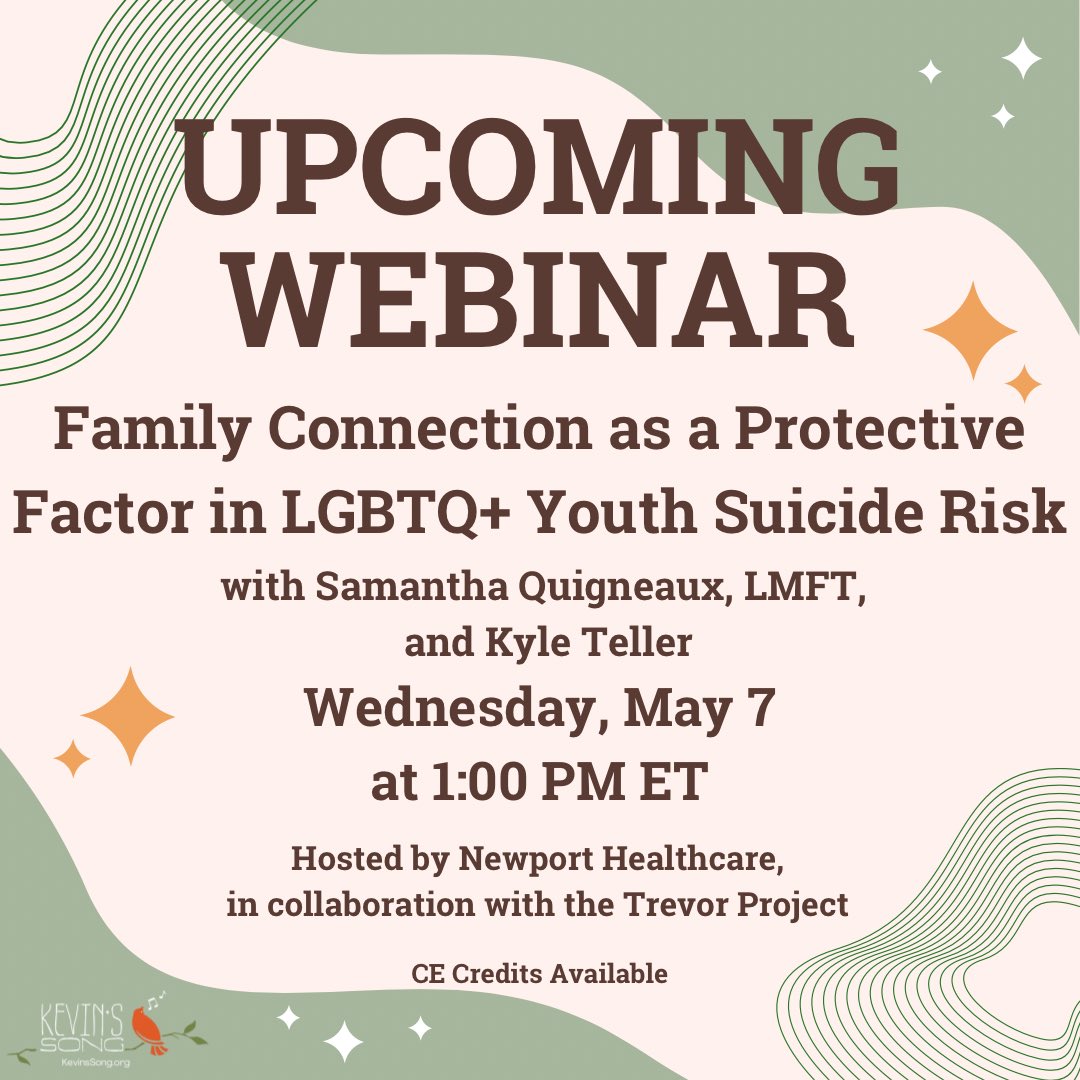 Check out this FREE webinar on Wednesday, May 7 at 1:00 PM ET.
 
“Family Connection as a Protective Factor in LGBTQ+ Youth Suicide Risk” with Samantha Quigneaux (she/her), LMFT, and Kyle Teller (she/her).
 
CE credits are available.
 
Register here: newportacademy.zoom.us/webinar/regist…
