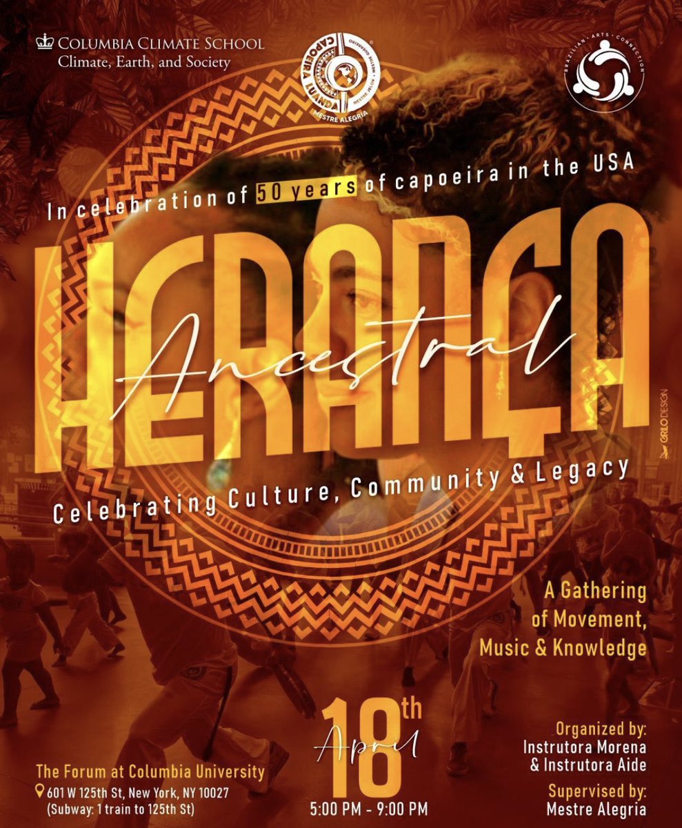 Join #Columbia community members to celebrate 50 years of #capoeira in the United States! This event will feature a lecture on capoeira in scientific research, an introduction to capoeira movements, a capoeira roda, and a samba roda.

RSVP here:
docs.google.com/forms/d/e/1FAI…