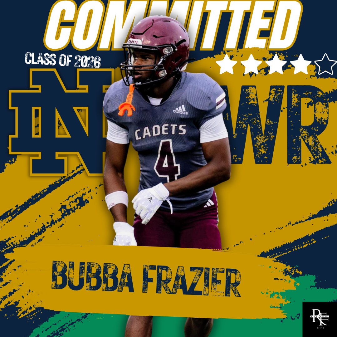Ryan Fravel (@fravel_ryan) on Twitter photo BREAKING: Class Of 2026 4โญ WR Bubba Frazier has officially Committed to the Notre Dame Fighting Irish!๐โ๏ธ
He chose the Irish over the likes of Georgia, Wisconsin, & North Carolina.
Bubba took his first visit to South Bend just 10 days ago.  
He ranks as the #253 Overall BREAKING: Class Of 2026 4โญ WR Bubba Frazier has officially Committed to the Notre Dame Fighting Irish!๐โ๏ธ
He chose the Irish over the likes of Georgia, Wisconsin, & North Carolina.
Bubba took his first visit to South Bend just 10 days ago.  
He ranks as the #253 Overall
