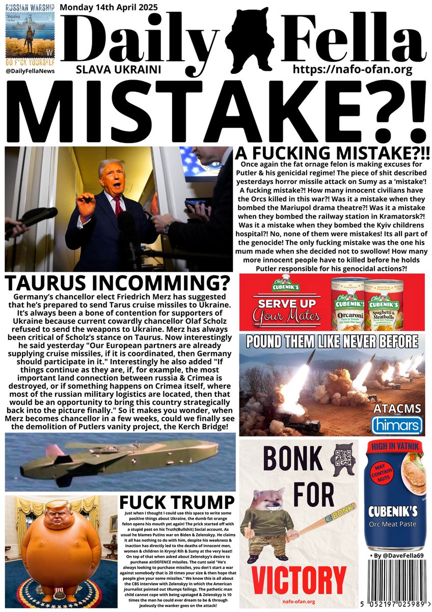 DailyFellaNews's tweet photo. Itโs Daily Fella time. Read about tRumpโs refusal to call out Putin, will Ukraine finally get Taurus missiles & more dumb statements from the fat orange felon!
#DailyFella #DailyFellaNews #SlavaUkraini #NAFO https://t.co/4wrplwe7uN