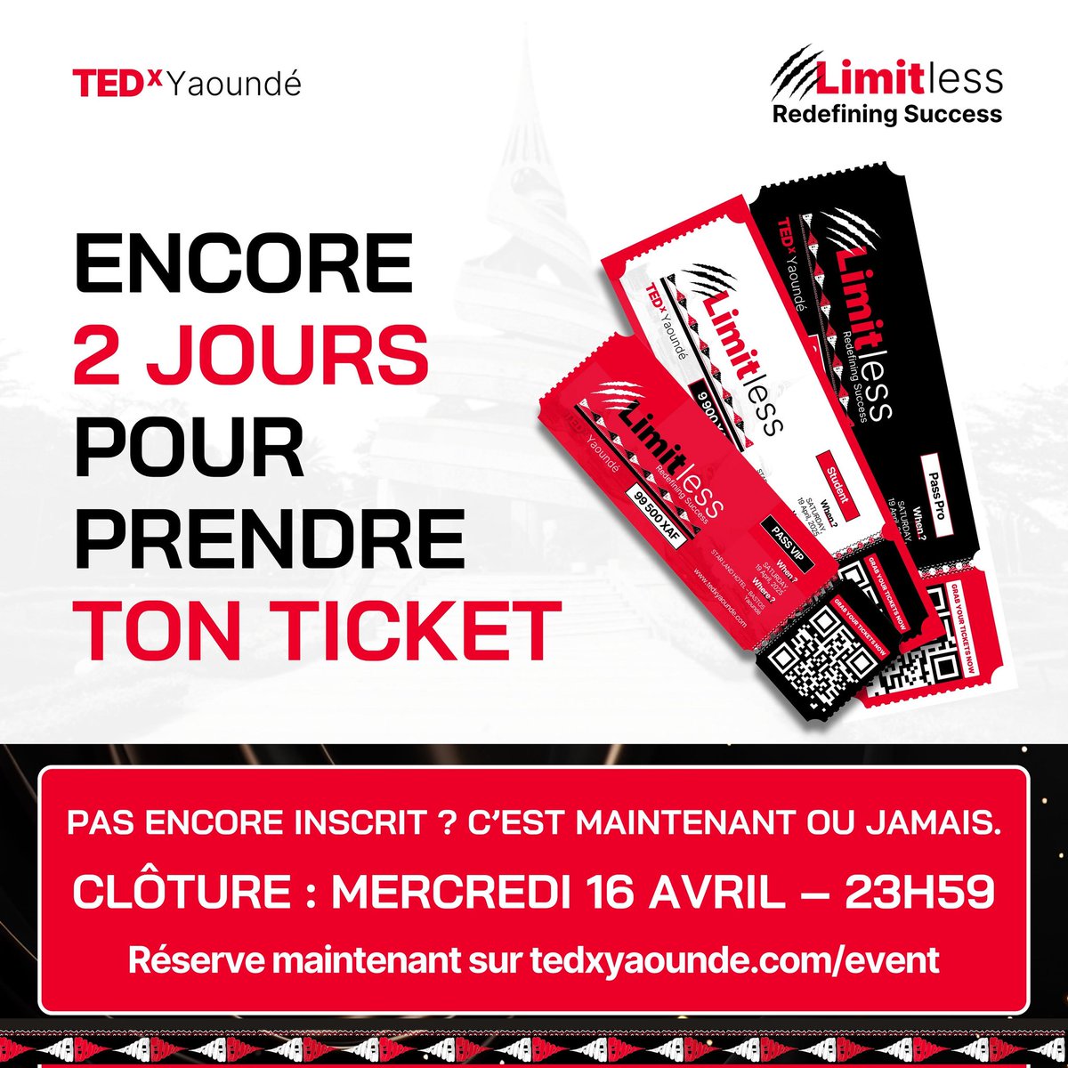 ⏳️ Tedx Yaoundé 2025 | END OF SALES SOON..
2 more days left for latecomers to get their participation tickets!
Hurry and do not afford to miss an unforgettable experience come Saturday, April 19 at Starland Hotel, Bastos Yaoundé. 
🎟Reserve now at tedxyaounde.com/event
#tedxy