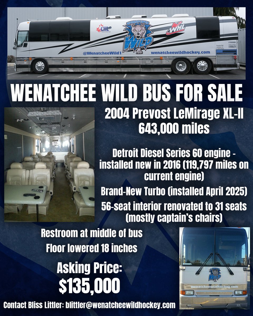 Wenatchee Wild (@whlwild_) on Twitter photo It was a great bus for us - now it could be a great bus for you...we've had some extra work put into our bus so it can safely carry its next passengers well into the future 🚍
Email blittler@wenatcheewildhockey.com with your offer, or for more info.
#PowerOfThePack It was a great bus for us - now it could be a great bus for you...we've had some extra work put into our bus so it can safely carry its next passengers well into the future 🚍
Email blittler@wenatcheewildhockey.com with your offer, or for more info.
#PowerOfThePack