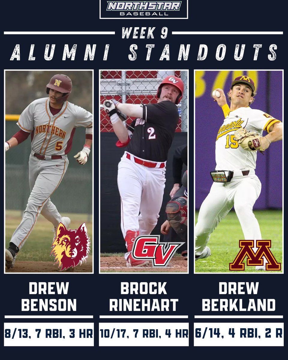College Baseball Week 9 Alumni Standouts‼️

@Drew_Benson7
<a href="/BrockRinehart/">Brock Rinehart</a>
@DrewBerkland

#TrueNorth | #GRBNorthstar