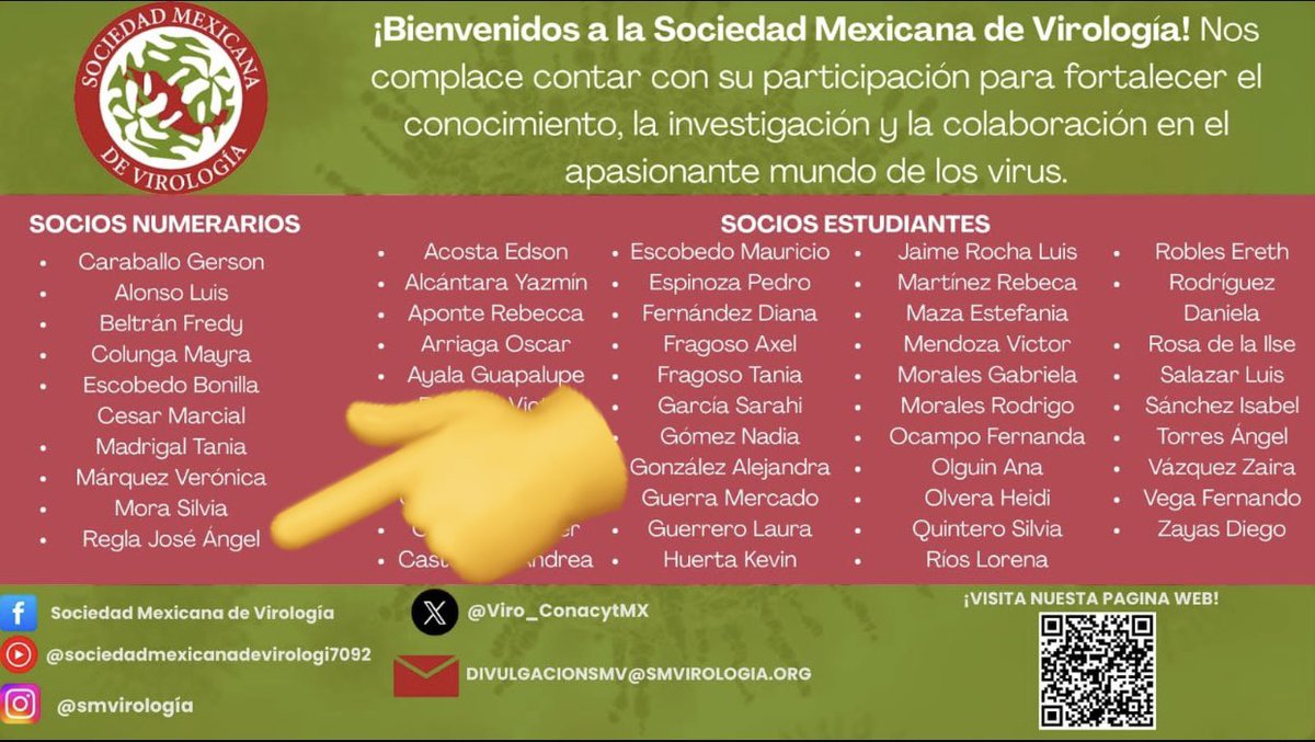Agradezco a la Sociedad Mexicana de Virología <a href="/Viro_ConacytMX/">Soc Mex Virología - Virología Conacyt</a> la bienvenida por ser aceptado como miembro numerario de esta prestigiada Sociedad 🦠.
¡Sigamos fortaleciendo la investigación y la divulgación de la Virología en México!
#Sociedad #virologia #bienvenidos #Convocatoria