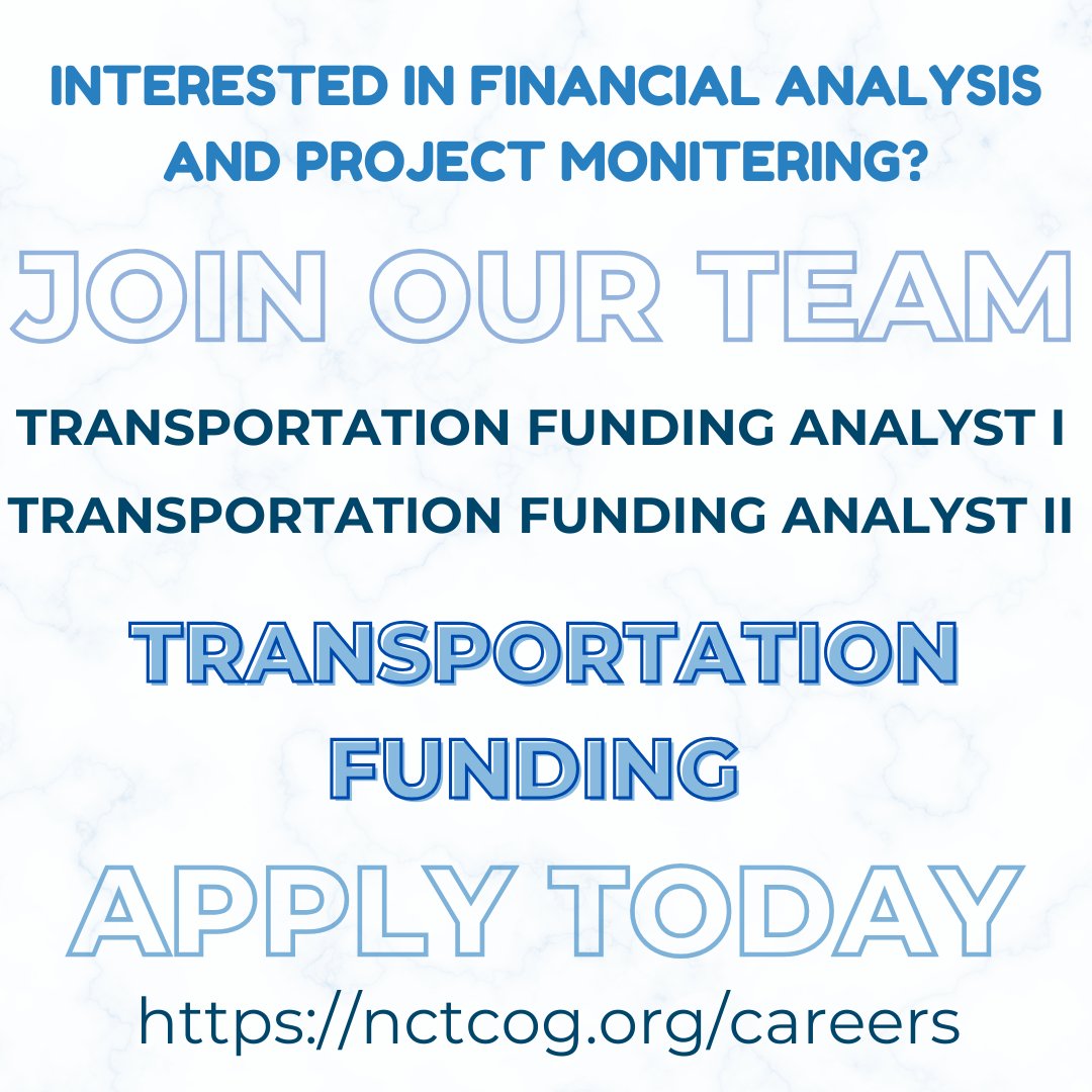 🚦We're hiring 2 Transportation Funding Analysts to support programs and manage projects in the DFW region!
Join a team that oversees a portfolio of over $30 billion in transportation projects 
🔗 Apply now: nctcog.org/careers

#FinanceJobs #DataAnalysis #UrbanPlanning