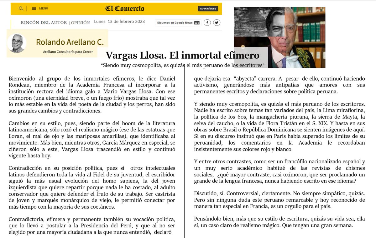 maxugaz's tweet photo. Qué mejor que celebrar al "inmortal efímero" #MVLL con esta pieza concisa del sagaz RAC. Amado y odiado incluso muchas veces por las mismas personas, yo incluído, en momentos diferentes por supuesto, como bien dice la pieza adjunta, se ha ido MVLL, "el más peruano de los escritores". #DescansaEnPaz #MVLL #VargasLlosa