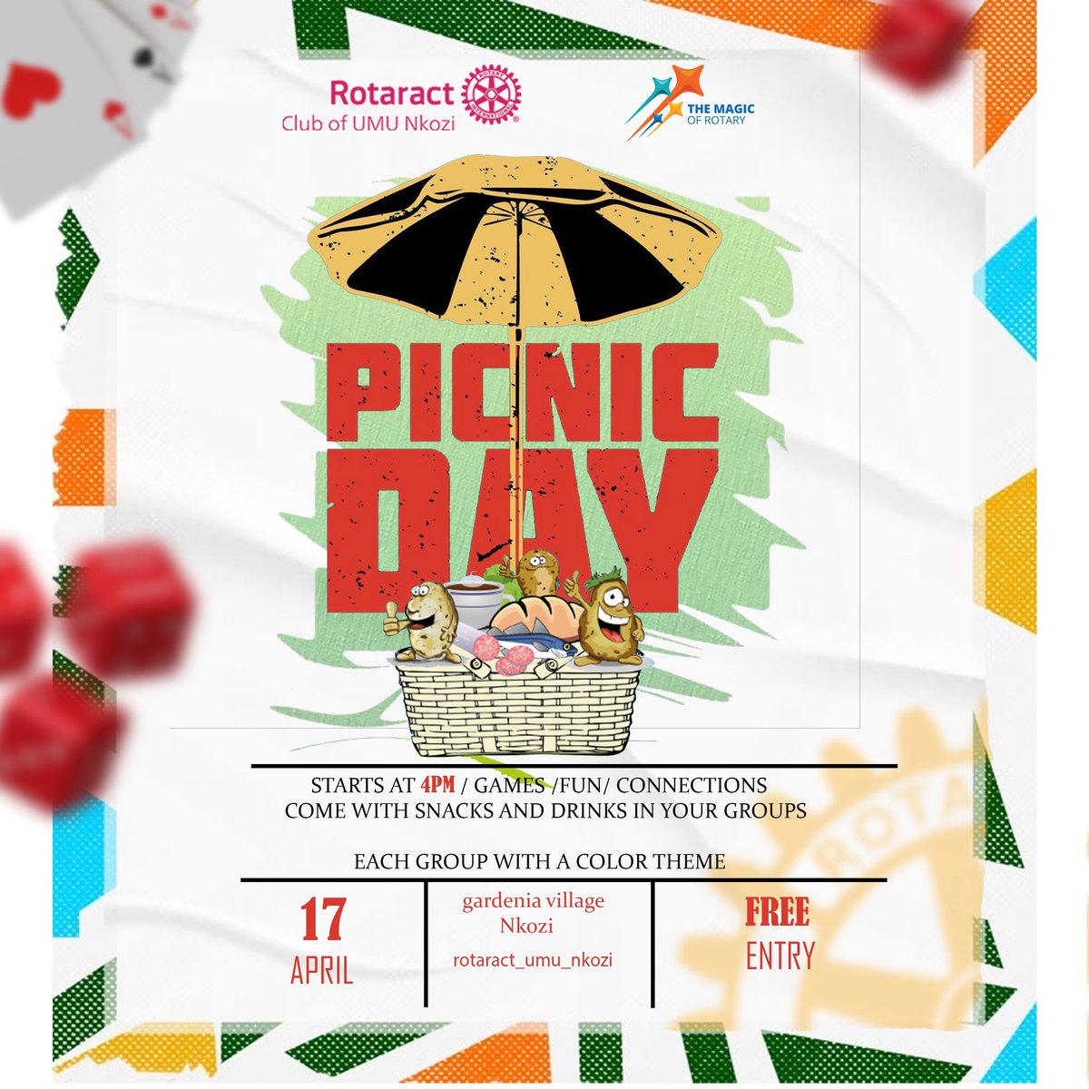 *PICNIC DAY* is here! 🌳🧺
We’re heading OUT with games, fun &amp; fam vibes!
📍 Gardenia Village, Nkozi
🕓 Thu, April 17th | 4PM
🎨 Come in your group's colour theme
🍿 Bring snacks, call a friend (or 3!)
FREE ENTRY ‼️
#RotaractUmu #MegaOutFellowship #PicnicVibesOnly