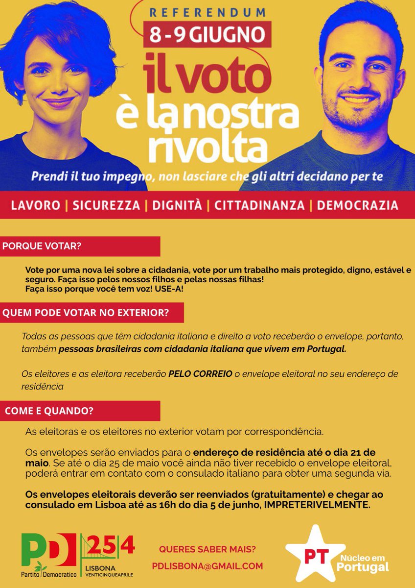 ‼️ Atenção: 

🇧🇷🇮🇹 Pessoas com dupla cidadania brasileira e italiana:

🇵🇹🗳️ Mesmo morando em Portugal, podem votar no Referendo sobre cidadania e direitos trabalhistas.

➡️ Confira todas as informações no card!