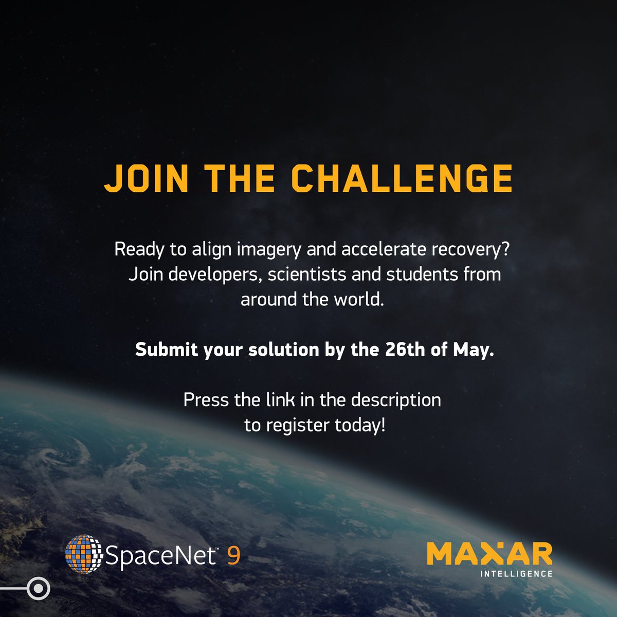 <a href="/Spacenet_AI/">SpaceNet</a> invites researchers, developers, and students to build algorithms that align optical and SAR imagery in earthquake-affected areas.

🏆$50,000 in total prizes
 🎓 Includes $2,500 awards for both the top graduate and undergraduate submissions

📅 Submissions close May