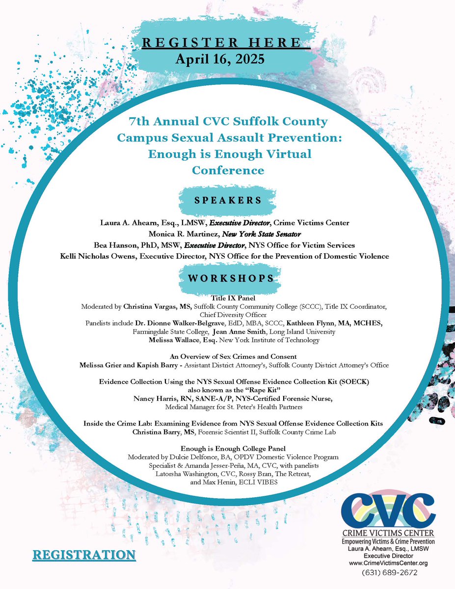Join us on Wednesday, April 16th for our 7th Annual Suffolk County Campus Sexual Assault Prevention Enough is Enough Virtual Conference. Conference is free and open to the public.

Use link below to register!

lnkd.in/eANYenyD

#SAAM2025 #SexualAssaultAwarenessMonth
